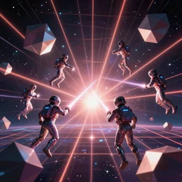 futuristic spacemen firing lasers in zero gravity, skintight suits, floating, floating polygon shapes as obstacles, surrounded by a laser grid, unreal engine, lensflare, glow, bloom, neon