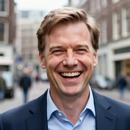 closeup portrait of mark rutte laughing in an amsterdam street, natural light, sharp, detailed face, magazine, press, photo, steve mccurry, david lazar, canon, nikon, focus