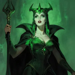 ample female necromancer sorceress, green tiara, strong line, deep color, beautiful! coherent! by frank frazetta, by brom, low angle