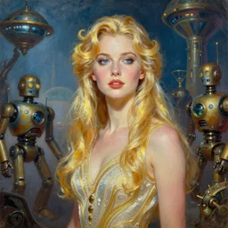character from an adventure game  theme of wizards and robots science fiction 1950s future (oil paint on canvas, art deco era)