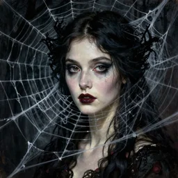 a beautiful terrifying painting gothic dark close up woman in a spider web by raymond swanland, gaston bussiere craig mullins alphonse mucha basil gogos norman rockwell, jack kirby, ruan jia, roberto ferri, monet, by wlop, moebius syd mead roger dean yoshitaka