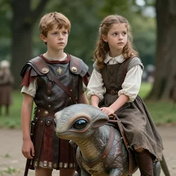 sharp, highly detailed, film from a 2 0 1 9 sci fi 8 k movie, time travelers appear in a park, a boy from the roman empire and a girl from an alternate 1 8 5 0 who is riding on the back of a small alien creature, wearing correct era clothes, atmospheric lighting, in focus, reflective eyes, live, 3 5 mm macro lens, nice composition