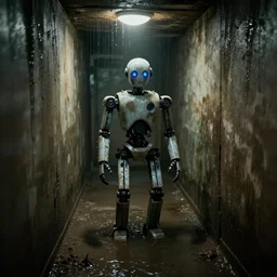 a creepy robot at the end of a flooded basement hallway. craiglist photo.