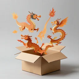 Dragons made up of paper escaping out of the box