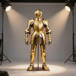 golden shining intricate armor on a stand in the middle of a studio well lit spotlights anamorphic behance artstation