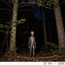 nighttime trail-cam photo of an alien in the forest