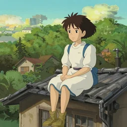 a girl sitting on the roof of a house, art by hayao miyazaki, studio ghibli film