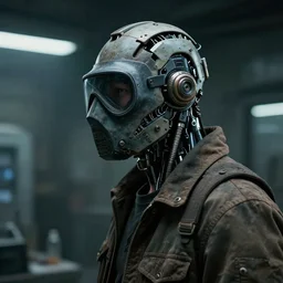 a half - masked rugged laboratory engineer man with cybernetic enhancements as seen from a distance, scifi character portrait by greg rutkowski, esuthio, craig mullins, 1 / 4 headshot, cinematic lighting, dystopian scifi gear, gloomy, profile picture, mechanical, half robot, implants, cyberpunk