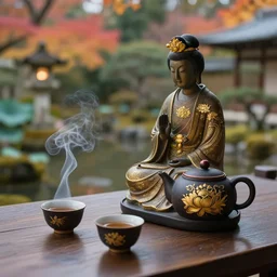 japanese garden, lotus, temple, statue, traditional japanese tea pot, two smoky cup of tea on a wood table, smoky autumn lightings, smoky atmosphere, japanese garden background, micro details, ( ( ( intricate ) gold details ) ), photorealism, crisp, hasselblad camera, by moebius and annie leibovitz