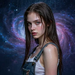demon woman,, soft eyes and narrow chin, dainty figure, long hair straight down, torn overalls, nebula background, side boob, wet shirt, wet, raining, highly detailed face, realistic face, beautiful detailed eyes, fantasy art, in the style of greg rutkowski, illustration, epic, fantasy, intricate, hyper detailed, artstation, concept art, smooth, sharp focus, ray tracing, vibrant,