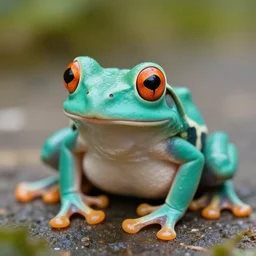 photo teal frog with orange eyes