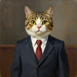 a painting of an anthropomorphized cat in a business suit, thomas kinkade, goya, munch,