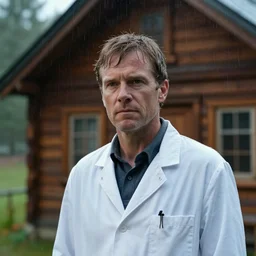 a sony cinematic headshot portrait of a scientist, stood outside a wooden cabin, raining, detailed, depth of field, movie still, dramatic lighting, by krenz cushart