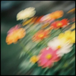 vintage grainy photograph, light leaks, blurry colorful flowers in motion, artistic