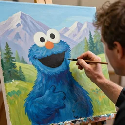 a closeup photorealistic photograph of bob ross working on a canvas painting of the cookie monster. film still. brightly lit scene. mountains and trees. this 4 k hd image is trending on artstation, featured on behance, well - rendered, extra crisp, features intricate detail, epic composition and the style of unreal engine.
