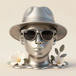 a head made out of melting metal, limited neutral palette, it is wearing sunglasses and a hat, there are flowers all around it, paint melting, vogue cover style, demonic style, smooth fractal style, ethereal fantasy style, 3 d perfect render style, horror style, flowerpunk style