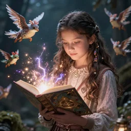 a girl reading a magic book, magical creatures flying from the book, cinematic lightning, trending on artstation, 4k, hyperrealistic, focused, extreme details, masterpiece, unreal engine 5