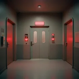 noisy color photograph of a retrofuturist modern liminal space, laboratory, prison, red lights, automatic doors, minimalist, cinematic, soft vintage glow