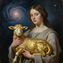 woman in a robe holding a golden lamb, in the background you can see the universe. by Daniel F. Gerhartz, hyperrealistic oil painting, 4k, very detailed faces, studio lightning