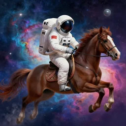 astronaut riding a horse in space, colorful nebula in the background, digital painting,
