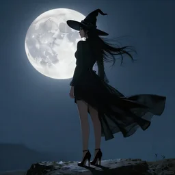 witch standing wearing high heels under a full moon, fantasy art style