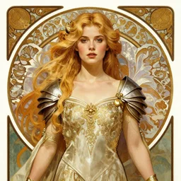 front facing symmetrical centered portrait, Imogen Poots as a Paladin, blonde hair, Art Nouveau, beautiful retro Fantasy heroine 1985, movie poster, intricate, elegant, highly detailed, centered, digital painting, trending on artstation, concept art, smooth, sharp focus, illustration, art by raphael lacoste, eddie mendoza, Mucha, alex ross, WLOP