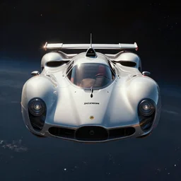 futuristic space ship inspired by vintage supercars flying in space, full shot, centered, JC park, Kezrek, Vincent Maréchal, Nicolas Bouvier, cinematic, photograph, hard surface modeling, glossy, moddy