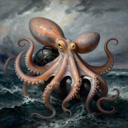 giant octopus with giant tentacles hugging a frigate on a stormy sea, in the style of jmw turner