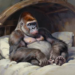 the albino gorilla friend awoke from its slumber beneath the bed frame, digital painting masterpiece, haunting beautiful brush strokes, painted by Moebius and Hayao Miyazaki and Akira Toriyama