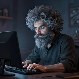 curled perspective digital art of curly grey hair bearded man using a computer by anton fadeev from nightmare before christmas
