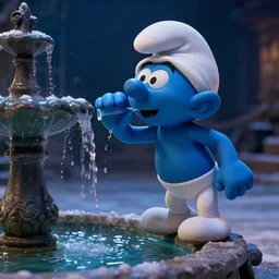 papa smurf drinking from the fountain of knowledge in a midwinter night dream, dramatic lighting, cinematic, establishing shot, extremely high detail, photo realistic, cinematic lighting, post processed, concept art, artstation, matte painting, style by eddie mendoza, raphael lacoste, alex ross