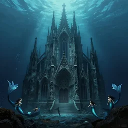 an underwater gothic cathedral at the bottom of the ocean populated by mermaids, in the style of arnold bocklin francisco goya william blake and kentaro miura, dark and scary abyssal ambient, utradetailed, matte painting, smooth zenithal lighting, epic masterpiece,