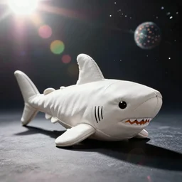 vintage analog product photography of a white leather shark, stuffed toy, terry the fat shark, space background, studio lighting, film grain, lensflare, color bleed, glare