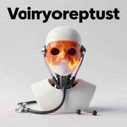 An album cover, fire, mask, stethoscope, 3d render, ((robot)), (unreal engine), ((rust)), photograph, portrait, painting