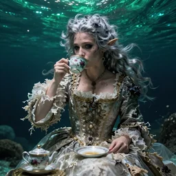 A 18th century, messy, silver haired, (((mad))) elf princess, dressed in a ((ragged)), wedding dress, is ((drinking a cup of tea)),  in her right side is a porcelain tea set. Everything is underwater and floating.  ((Greenish blue tones)), theatrical, (((underwater lights))), high contrasts,  fantasyconcept art, inspired by John Everett Millais's Ophelia