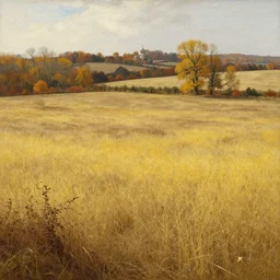 a dry flat land of pastures and farms!! with yellow!!! and brown!!! grass, autumn!, medieval era, by asher brown durand and chesley bonestell