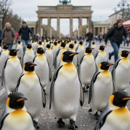 Infinite amount of highly detailed Penguins invading the streets of Berlin, 4k, highly detailed, real life, dramatic, people running away in terror