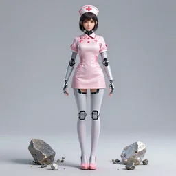 girl, full body, full length, stockings, shoes, nurse costume, robot, cyborg, minerals, beautiful face, 3 d, hyperrealism, anime, 4 k