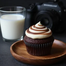dslr food photography of a chocolate cupcake, on a wooden plate, with brown - white - striped creme topping and a glass of milk on the side, macro shot, hasselblad, 1 0 0 mm f 1. 8, dimmed lightning