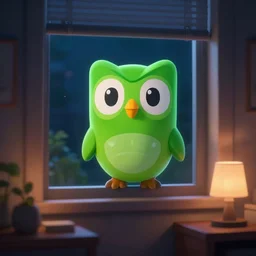 green duolingo owl outside a window, living room, night, dark, lamp