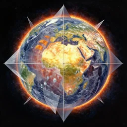 in a diamond logic crystal occupying the core of the earth ; there was one where all humanity existed in the threads of a plantlike array of sails and panels forming a dyson sphere around the sun painting by william higginson, kopera, anton fedeev