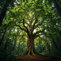 Forest, giant tree in the center, glowing leaves, tree of life, masterpiece, 4k, digital art