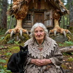 the fabulous old woman baba yaga with stalin's nose and a wart on it. there is a black cat nearby. the background of huge chicken paws, on top of them is a hut. fabulous enchanting dense forest around. very clear image. hyperrealistic.