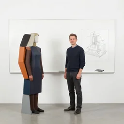 a man standing next to a woman in front of a whiteboard, a computer rendering by Richard Artschwager, behance, modular constructivism, matte drawing, matte painting, studio portrait, diorama