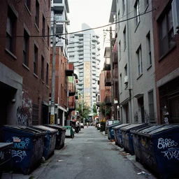 looking down a claustrophobic urban alley with dumpsters graffiti and power lines in east vancouver in the style of thomas cole, alphonse mucha, brutalism, hi res, unreal engine, 8 k, ultra - realistic, gritty, 1 0 0 mm, tri - x 4 0 0