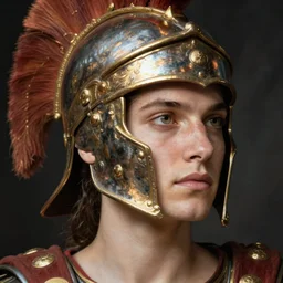 close - up portrait athenian warrior with helmet and armor, art by irina ionesco
