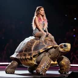 ariana grande riding a giant tortoise on concert stage, 8 k resolution, cinematic lighting, anatomically correct