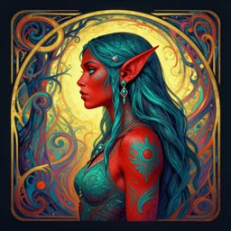 side profile centered painted portrait, female orc forest druid, red skin, teal tattoos, d & d, gloomhaven, matte painting concept art, art nouveau, beautifully backlit, swirly vibrant color lines, fantastically gaudy, aesthetic octane render, 8 k hd resolution, by ilya kuvshinov and cushart krentz and gilleard james
