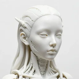 full head and shoulders, bjork porcelain sculpture, smooth, delicate facial features, white eyes, white lashes, detailed white, lots of 3 d cyborg elements, prosthetic, anatomical, all white features on a white background, by daniel arsham and james jean