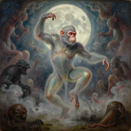 concept art of translucent monkey king is dancing, lovecraftian, renaissance, melting, round moon, rich clouds, fighting the horrors of the unknown, very detailed, volumetric light, mist, fine art, decaying, textured oil over canvas, epic fantasy art, very colorful, ornate intricate scales